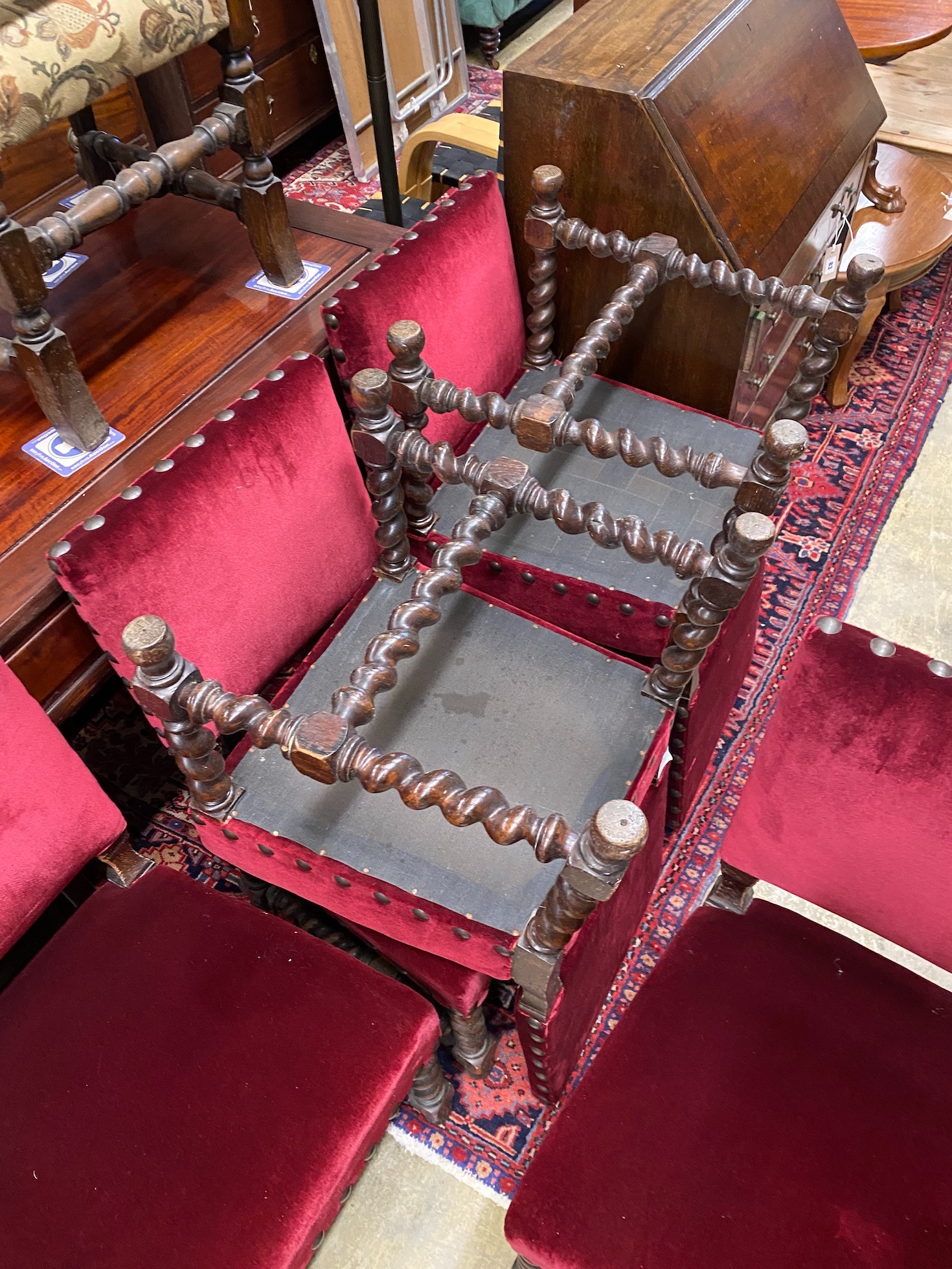 A set of six Cromwellian style oak barley twist chairs, width 42cm, depth 47cm, height 90cm